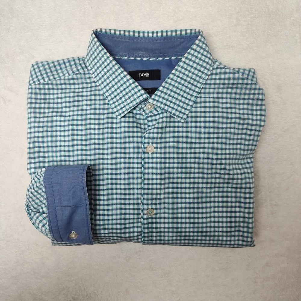 Hugo Boss Shirt Mens 2XL Green Check Button Up Regular Fit Cotton Spandex Malik